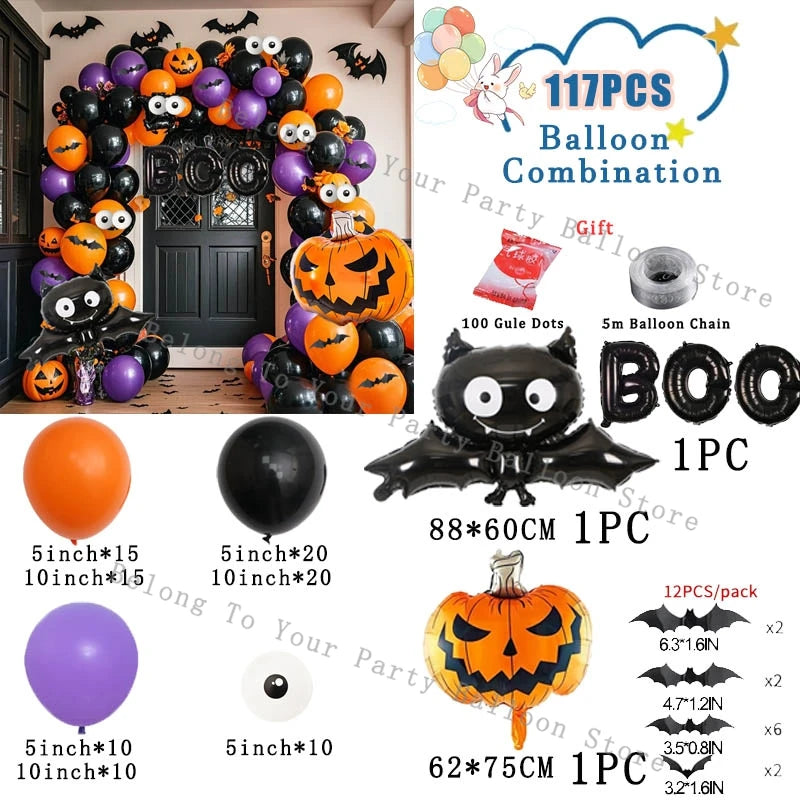 Kit de arco de guirnalda de Globos de calabaza para Halloween, Globo naranja y negro, pegatina de murciélago 3D, Globos de ojos, decoraciones para fiesta de cumpleaños y Halloween