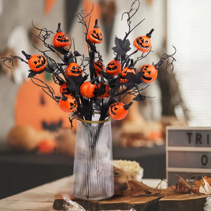 Calabaza de Halloween, decoración de rama de hoja de arce negra, ramo de calabaza, jarrón, decoración artesanal, adorno de Casa Encantada, accesorios para fiesta de Halloween