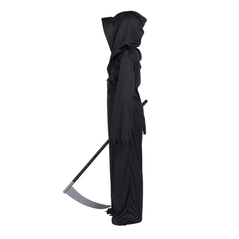 Disfraz de terror de Grim Reaper para Halloween, bata de fantasma espeluznante con capucha negra, disfraz de Cosplay para adultos, máscara de guadaña, utilería para fiesta
