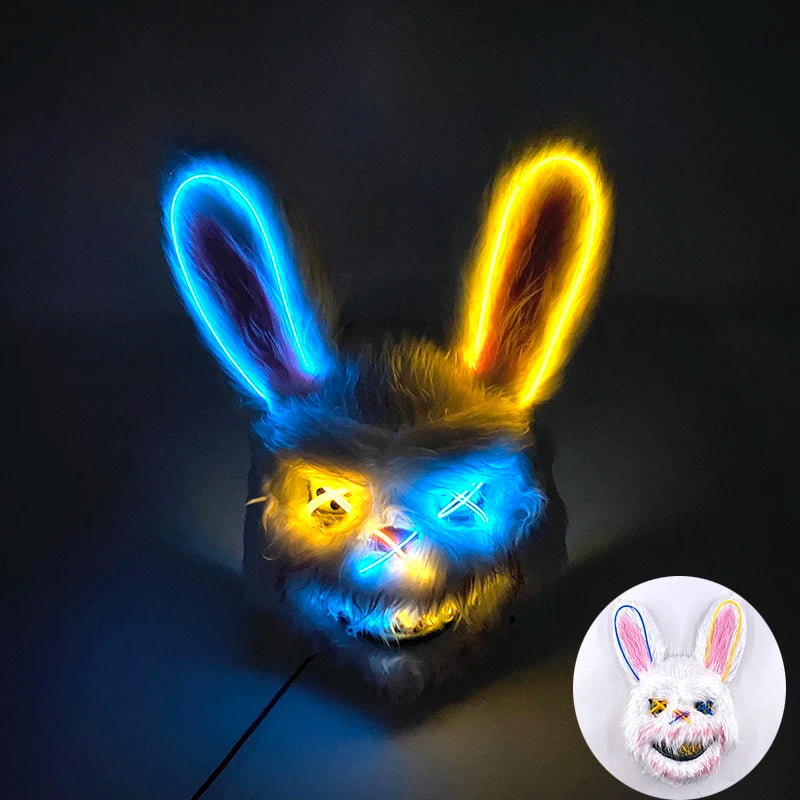 Máscara de conejo sangriento LED, mascarada de baile de terror, decoración de Cosplay, máscara de conejo asesino brillante, máscara de oso sangriento aterrador para hombres