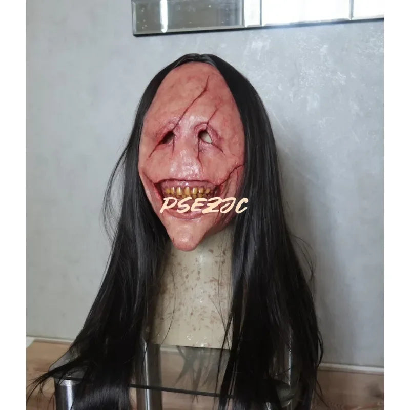 Máscara de diablo de pelo largo de terror de Halloween, máscara de diablo de cara roja, máscara de pelo largo de látex, fiesta temática