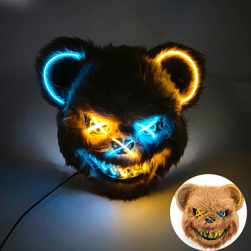 Máscara de conejo sangriento LED, mascarada de baile de terror, decoración de Cosplay, máscara de conejo asesino brillante, máscara de oso sangriento aterrador para hombres