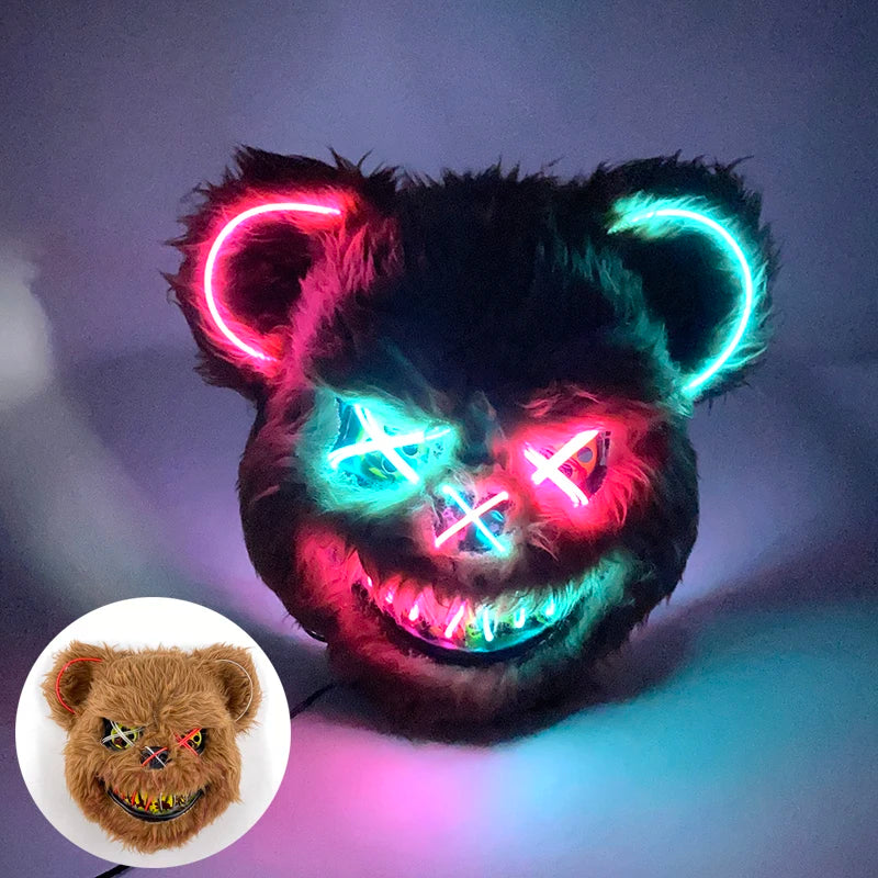 Máscara de conejo sangriento LED, mascarada de baile de terror, decoración de Cosplay, máscara de conejo asesino brillante, máscara de oso sangriento aterrador para hombres