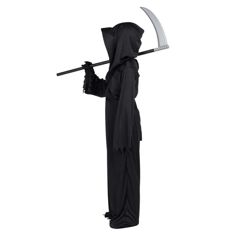 Disfraz de terror de Grim Reaper para Halloween, bata de fantasma espeluznante con capucha negra, disfraz de Cosplay para adultos, máscara de guadaña, utilería para fiesta