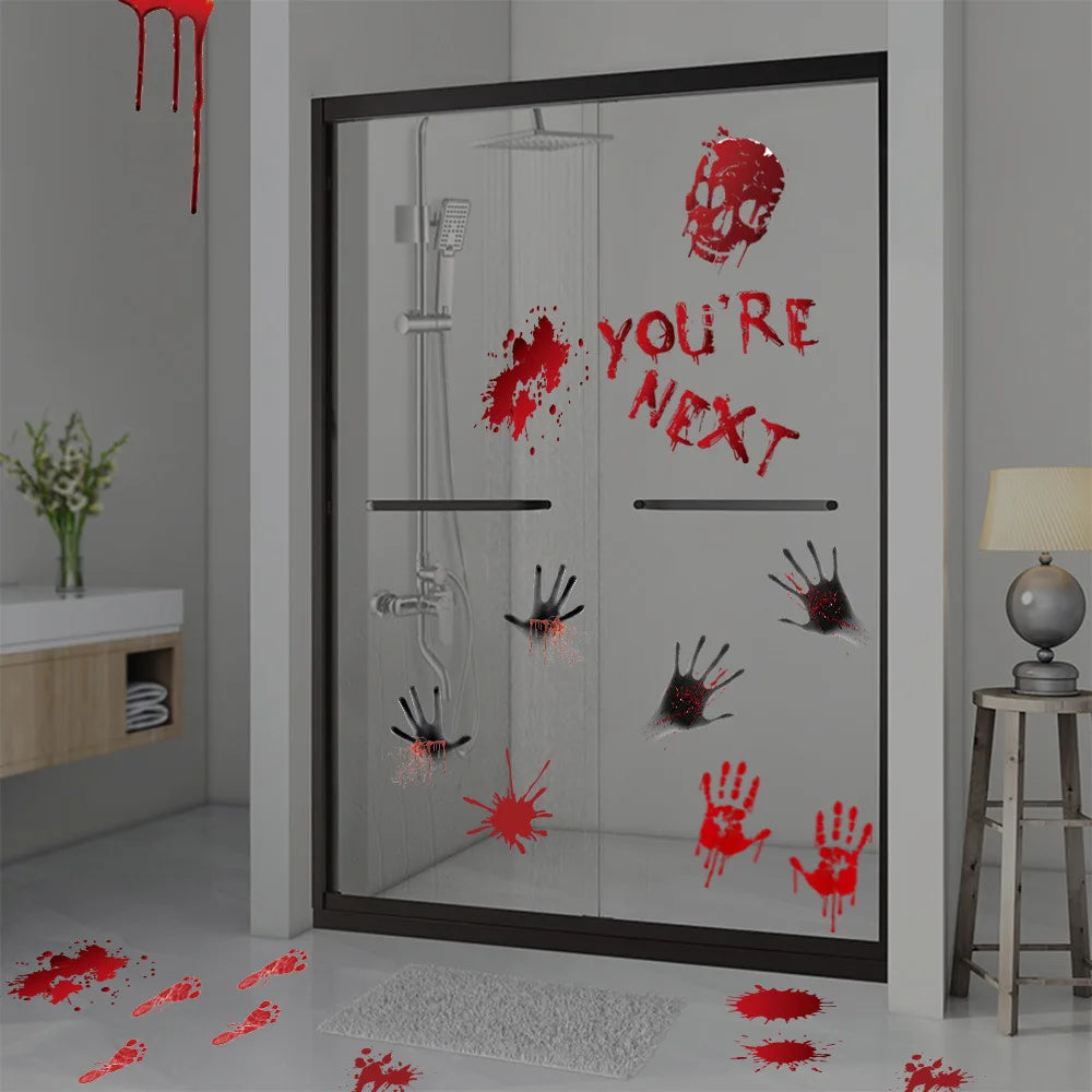 Pegatinas de pared de Halloween para puertas y ventanas, estampado de huellas de sangre, patrón de Calavera, suministros de decoración de escenas de fiesta de Halloween, accesorios de terror