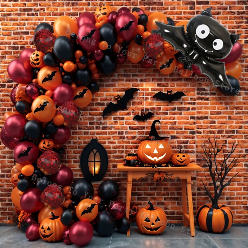 Kit de arco de guirnalda de Globos de calabaza para Halloween, Globo naranja y negro, pegatina de murciélago 3D, Globos de ojos, decoraciones para fiesta de cumpleaños y Halloween