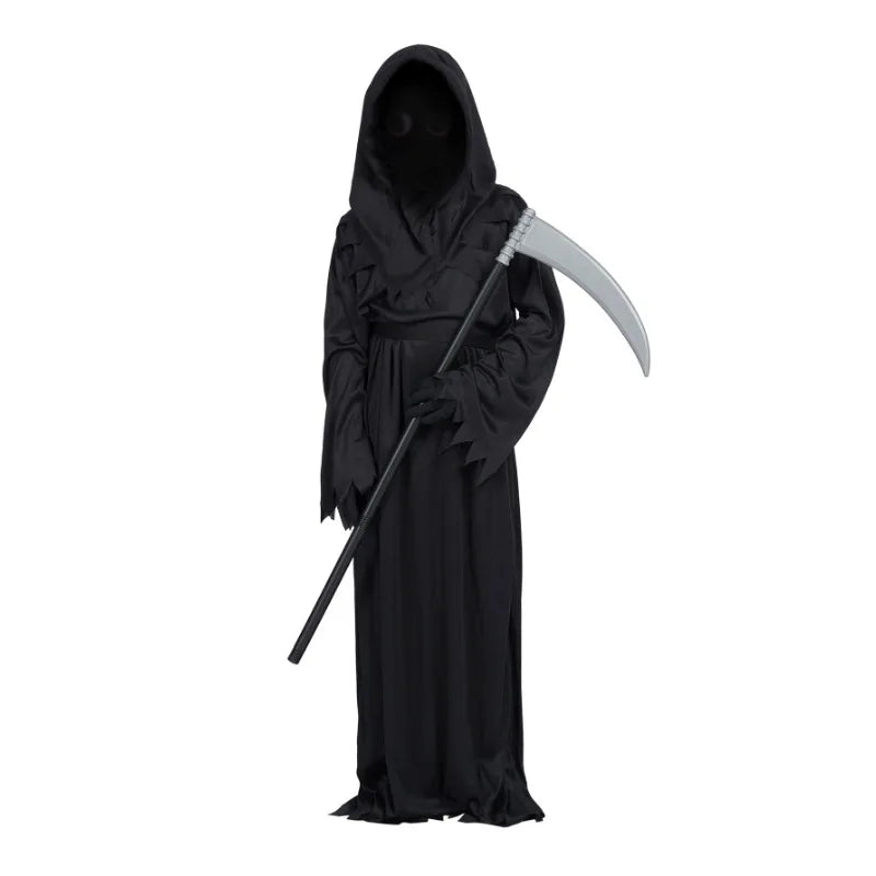 Disfraz de terror de Grim Reaper para Halloween, bata de fantasma espeluznante con capucha negra, disfraz de Cosplay para adultos, máscara de guadaña, utilería para fiesta