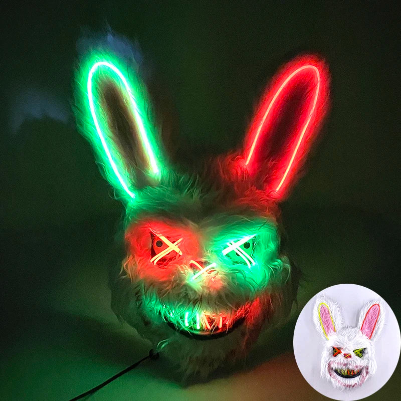 Máscara de conejo sangriento LED, mascarada de baile de terror, decoración de Cosplay, máscara de conejo asesino brillante, máscara de oso sangriento aterrador para hombres