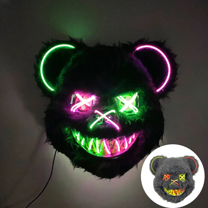 Máscara de conejo sangriento LED, mascarada de baile de terror, decoración de Cosplay, máscara de conejo asesino brillante, máscara de oso sangriento aterrador para hombres