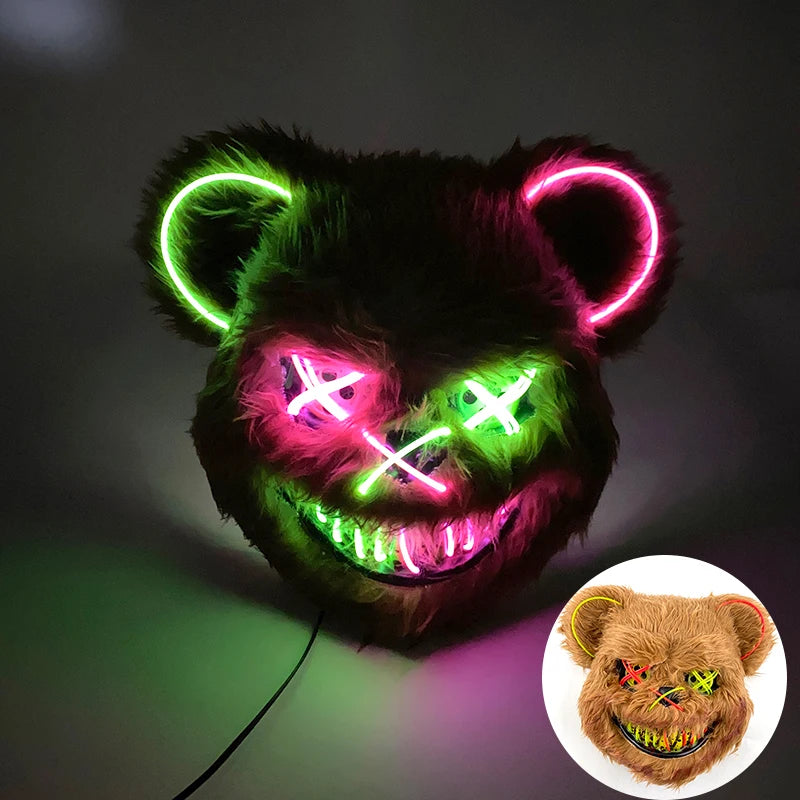 Máscara de conejo sangriento LED, mascarada de baile de terror, decoración de Cosplay, máscara de conejo asesino brillante, máscara de oso sangriento aterrador para hombres