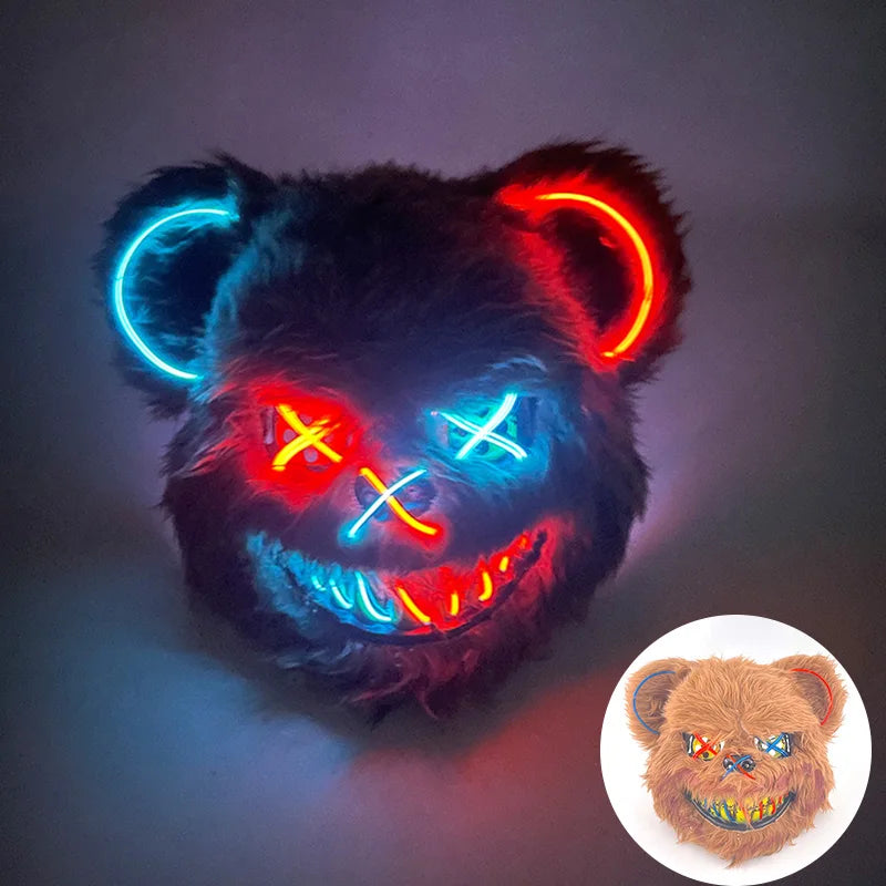 Máscara de conejo sangriento LED, mascarada de baile de terror, decoración de Cosplay, máscara de conejo asesino brillante, máscara de oso sangriento aterrador para hombres