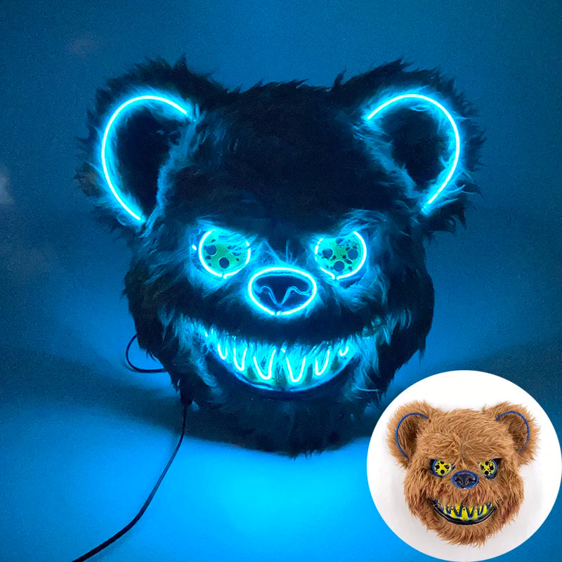 Máscara de conejo sangriento LED, mascarada de baile de terror, decoración de Cosplay, máscara de conejo asesino brillante, máscara de oso sangriento aterrador para hombres