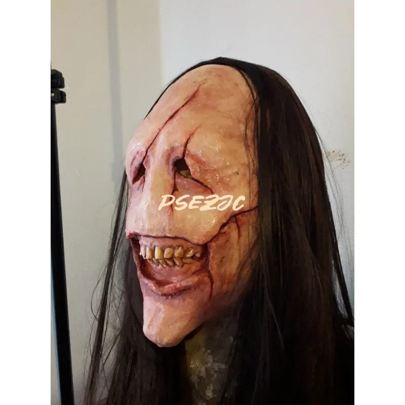 Máscara de diablo de pelo largo de terror de Halloween, máscara de diablo de cara roja, máscara de pelo largo de látex, fiesta temática