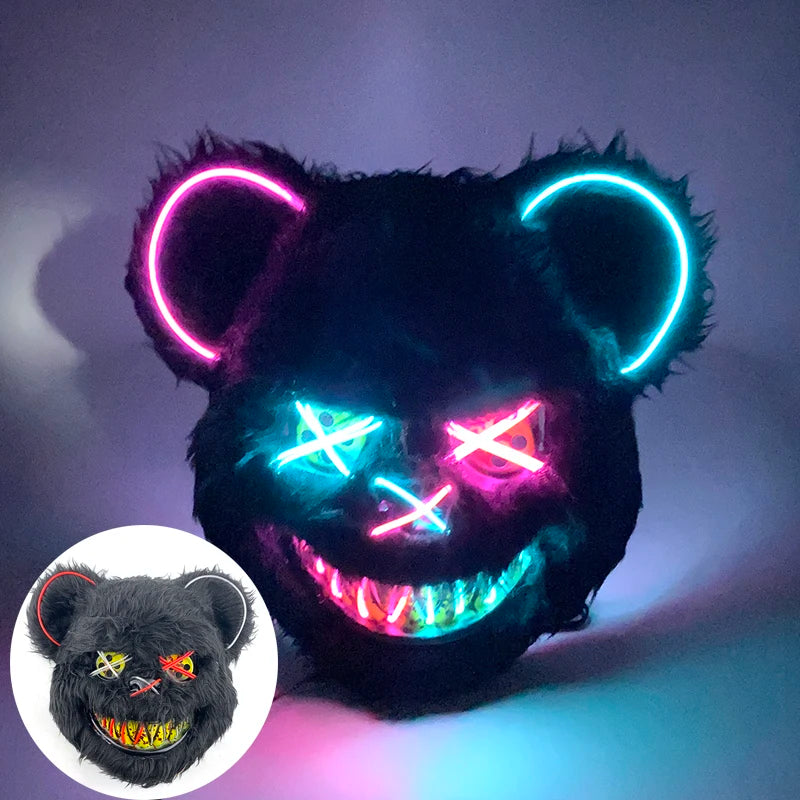 Máscara de conejo sangriento LED, mascarada de baile de terror, decoración de Cosplay, máscara de conejo asesino brillante, máscara de oso sangriento aterrador para hombres