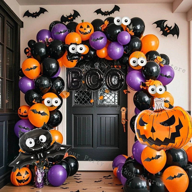 Kit de arco de guirnalda de Globos de calabaza para Halloween, Globo naranja y negro, pegatina de murciélago 3D, Globos de ojos, decoraciones para fiesta de cumpleaños y Halloween