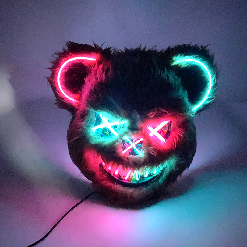 Máscara de conejo sangriento LED, mascarada de baile de terror, decoración de Cosplay, máscara de conejo asesino brillante, máscara de oso sangriento aterrador para hombres