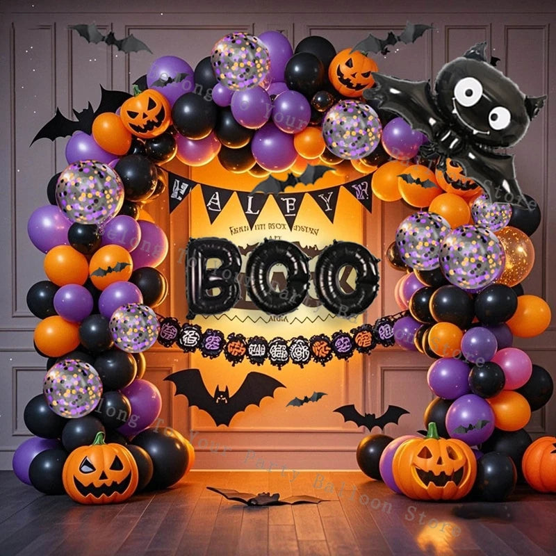 Kit de arco de guirnalda de Globos de calabaza para Halloween, Globo naranja y negro, pegatina de murciélago 3D, Globos de ojos, decoraciones para fiesta de cumpleaños y Halloween