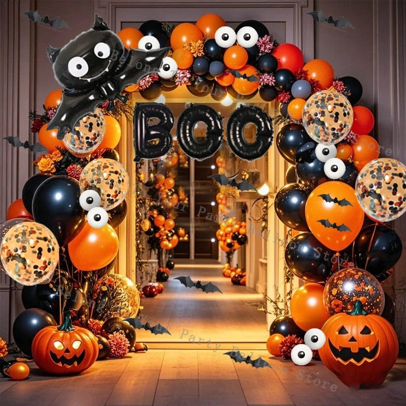 Kit de arco de guirnalda de Globos de calabaza para Halloween, Globo naranja y negro, pegatina de murciélago 3D, Globos de ojos, decoraciones para fiesta de cumpleaños y Halloween