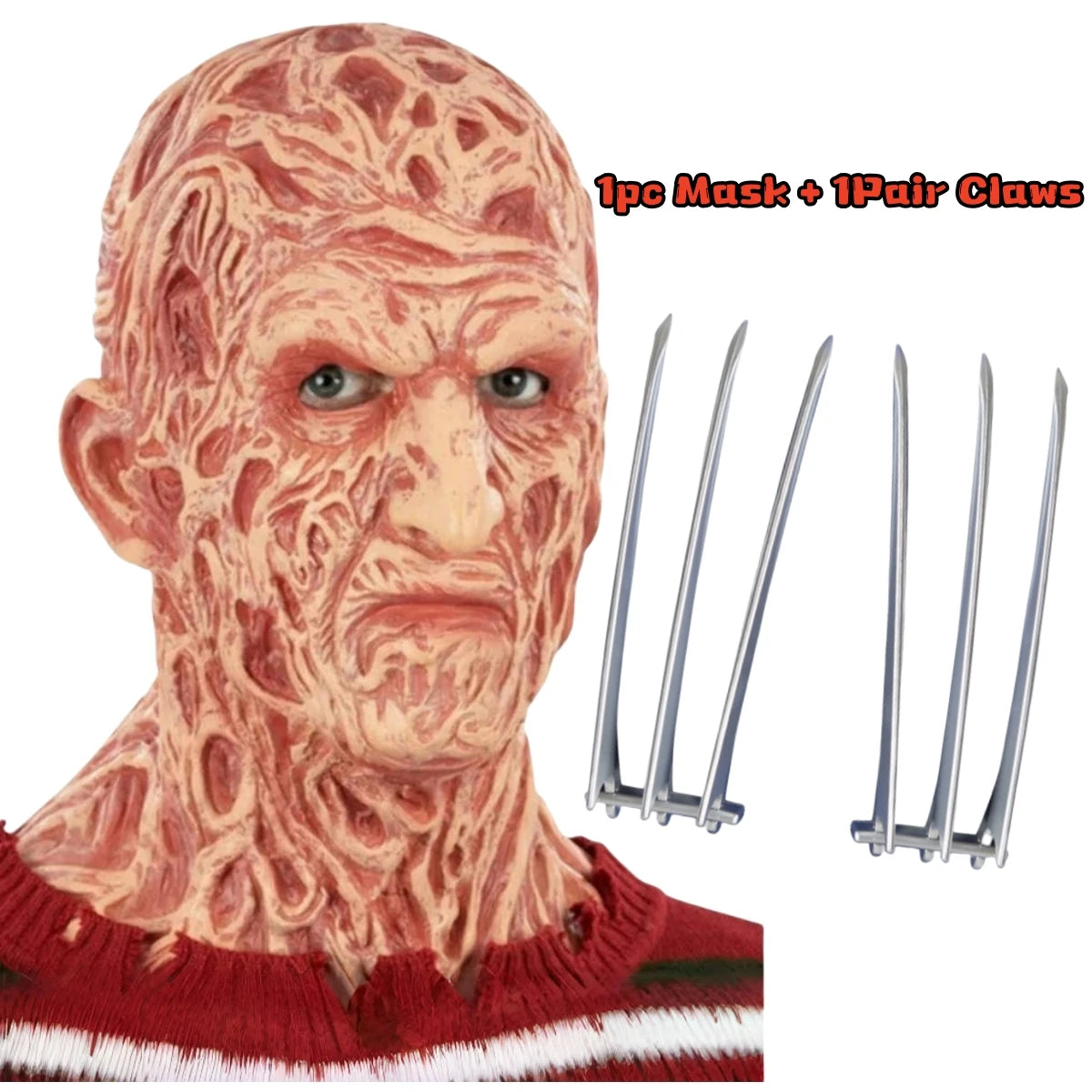 Máscara de látex de Freddy para Halloween, disfraz de Cosplay de carnaval, máscara de cara completa de Horror, demonio Rave, garras, accesorio de disfraz de hombre