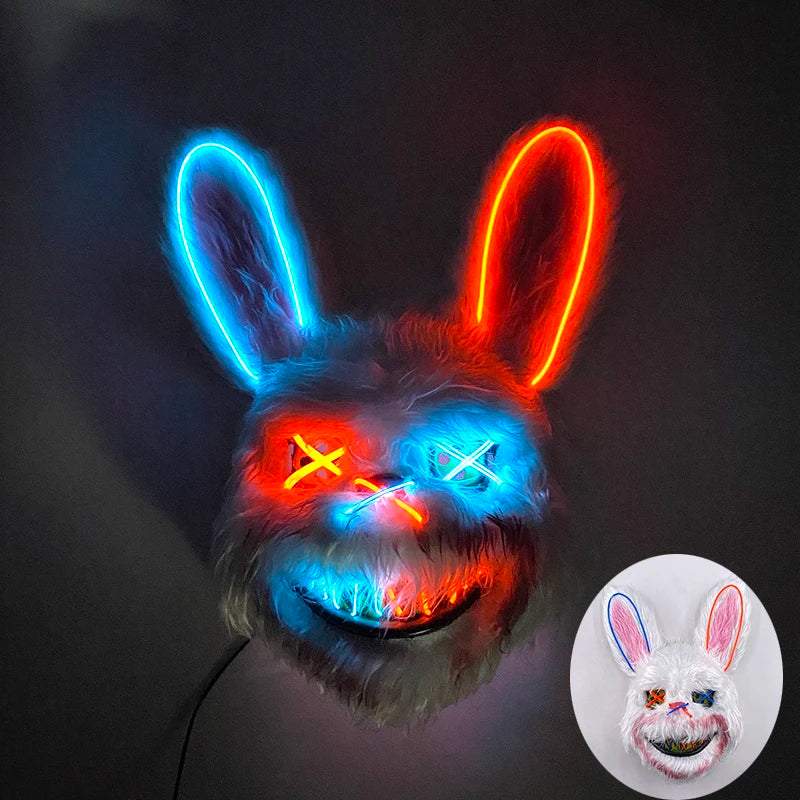 Máscara de conejo sangriento LED, mascarada de baile de terror, decoración de Cosplay, máscara de conejo asesino brillante, máscara de oso sangriento aterrador para hombres