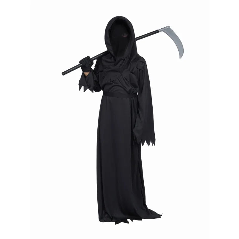 Disfraz de terror de Grim Reaper para Halloween, bata de fantasma espeluznante con capucha negra, disfraz de Cosplay para adultos, máscara de guadaña, utilería para fiesta