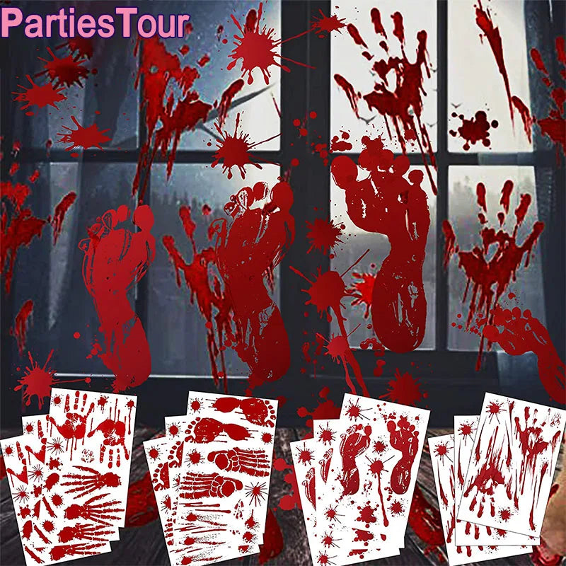Pegatinas de pared de Halloween para puertas y ventanas, estampado de huellas de sangre, patrón de Calavera, suministros de decoración de escenas de fiesta de Halloween, accesorios de terror