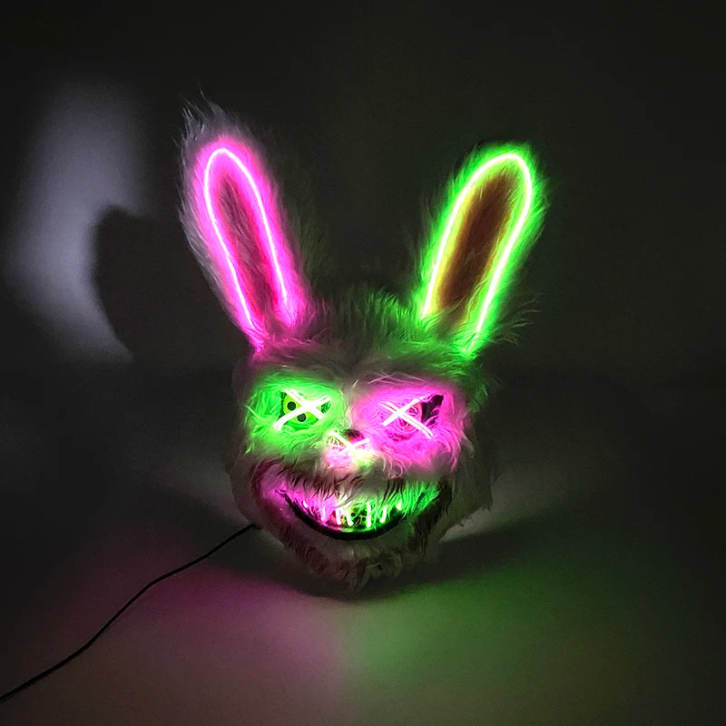 Máscara de conejo sangriento LED, mascarada de baile de terror, decoración de Cosplay, máscara de conejo asesino brillante, máscara de oso sangriento aterrador para hombres
