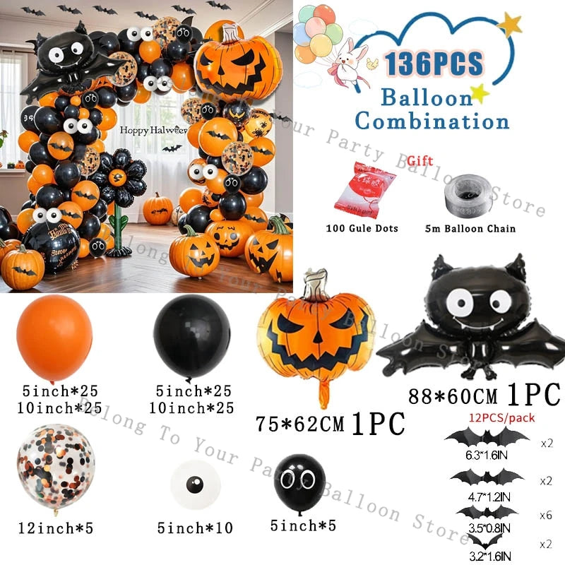 Kit de arco de guirnalda de Globos de calabaza para Halloween, Globo naranja y negro, pegatina de murciélago 3D, Globos de ojos, decoraciones para fiesta de cumpleaños y Halloween