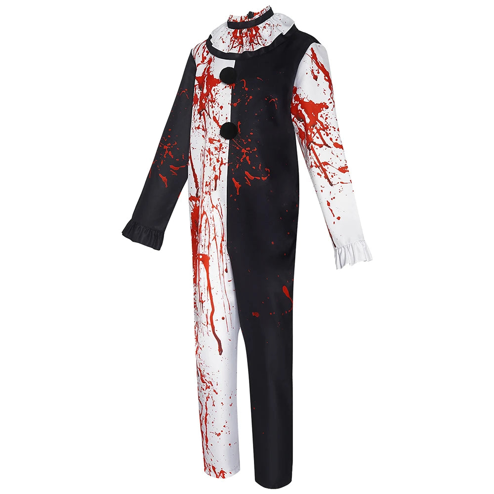 Disfraz de payaso terrorífico de película, vestido de mujer adulta, mono para hombre, mono con manchas de sangre, ropa, uniforme, ropa de Halloween