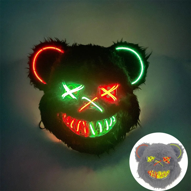 Máscara de conejo sangriento LED, mascarada de baile de terror, decoración de Cosplay, máscara de conejo asesino brillante, máscara de oso sangriento aterrador para hombres