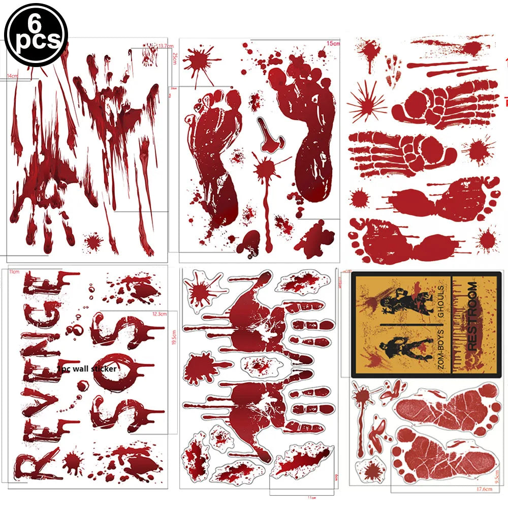 Pegatinas de pared de Halloween para puertas y ventanas, estampado de huellas de sangre, patrón de Calavera, suministros de decoración de escenas de fiesta de Halloween, accesorios de terror