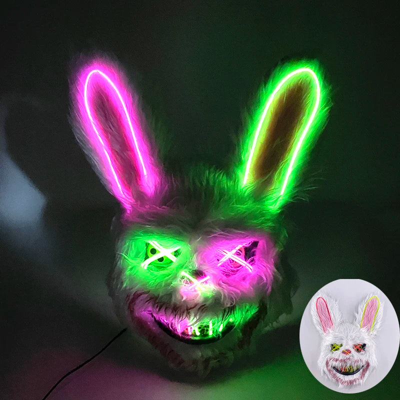 Máscara de conejo sangriento LED, mascarada de baile de terror, decoración de Cosplay, máscara de conejo asesino brillante, máscara de oso sangriento aterrador para hombres