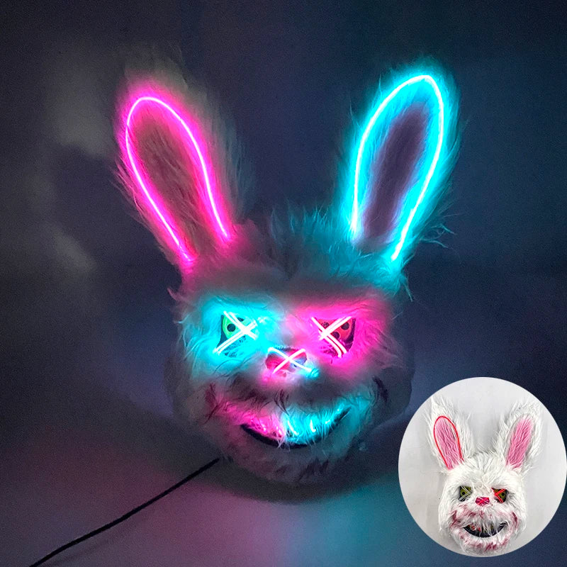 Máscara de conejo sangriento LED, mascarada de baile de terror, decoración de Cosplay, máscara de conejo asesino brillante, máscara de oso sangriento aterrador para hombres