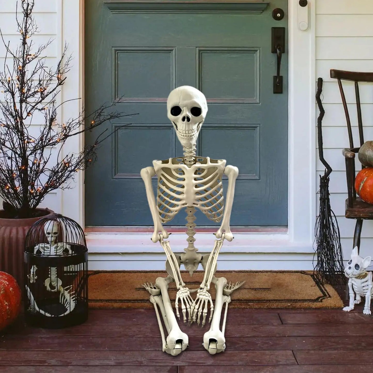 Esqueleto de Halloween, esqueleto humano de tamaño natural con articulaciones posables, decoración de jardín resistente a la intemperie, accesorios de fotografía espeluznantes para vacaciones