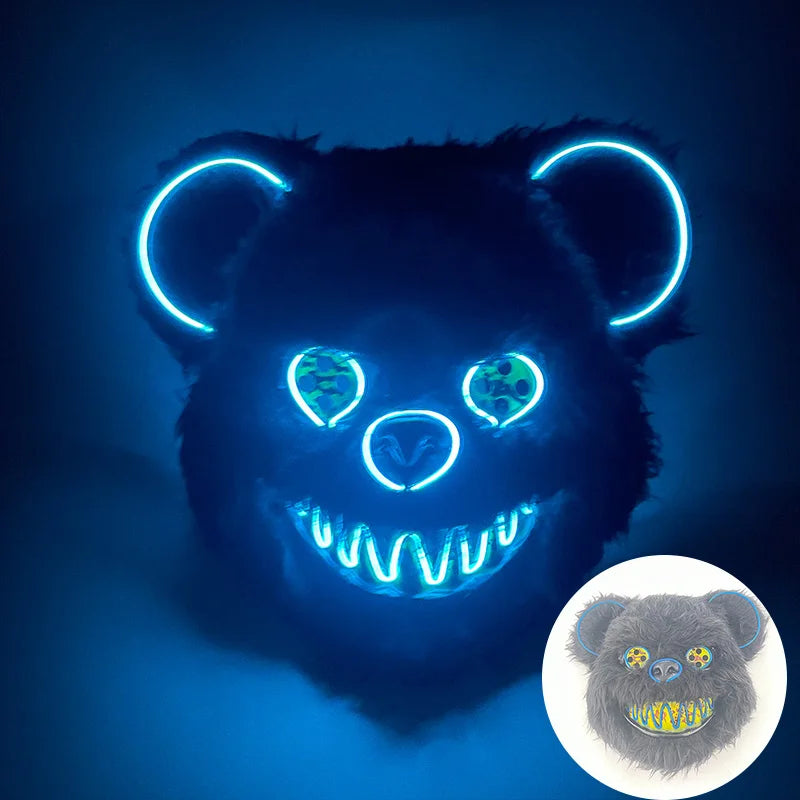 Máscara de conejo sangriento LED, mascarada de baile de terror, decoración de Cosplay, máscara de conejo asesino brillante, máscara de oso sangriento aterrador para hombres