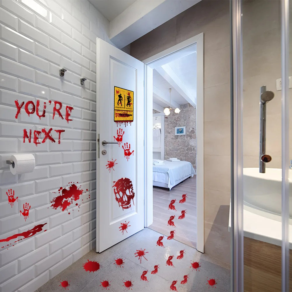 Pegatinas de pared de Halloween para puertas y ventanas, estampado de huellas de sangre, patrón de Calavera, suministros de decoración de escenas de fiesta de Halloween, accesorios de terror