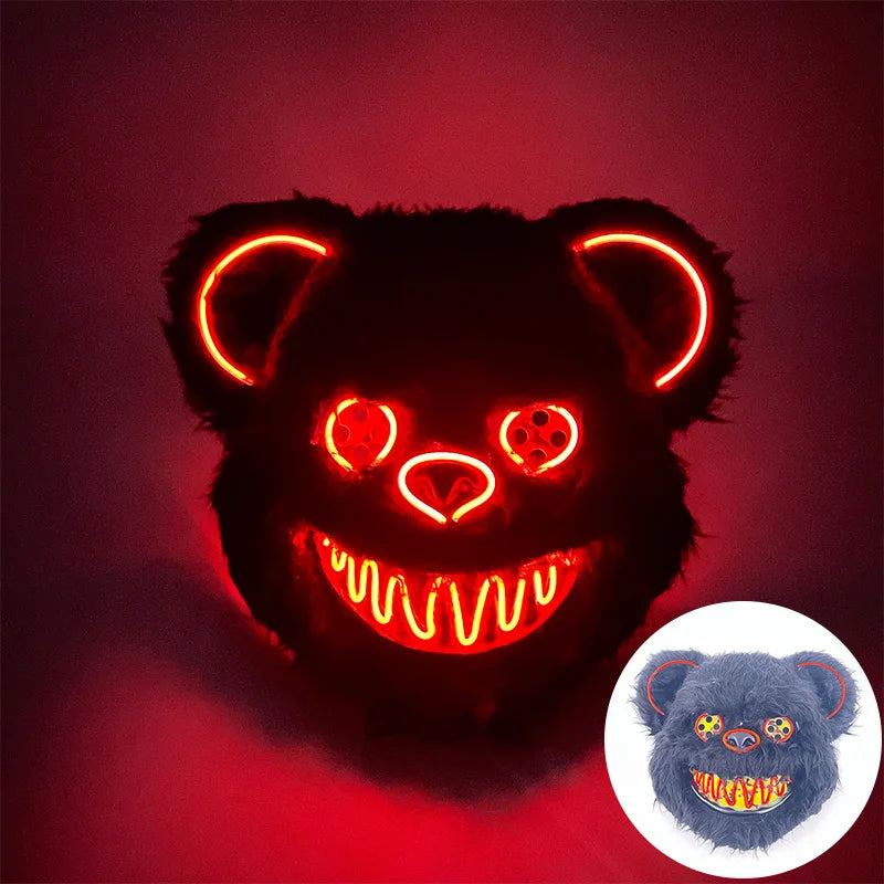 Máscara de conejo sangriento LED, mascarada de baile de terror, decoración de Cosplay, máscara de conejo asesino brillante, máscara de oso sangriento aterrador para hombres