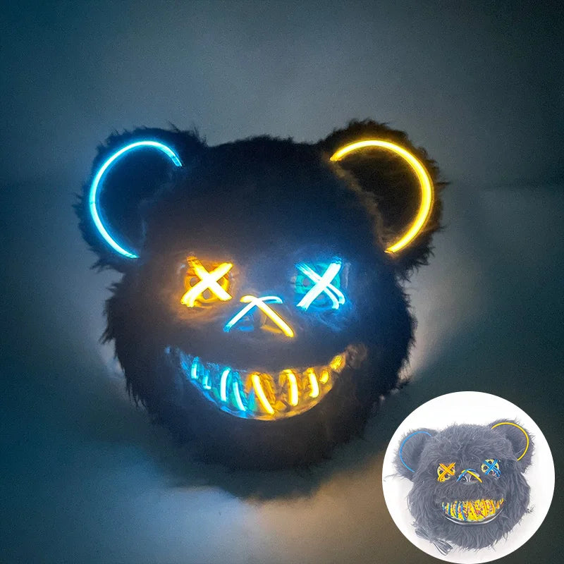Máscara de conejo sangriento LED, mascarada de baile de terror, decoración de Cosplay, máscara de conejo asesino brillante, máscara de oso sangriento aterrador para hombres