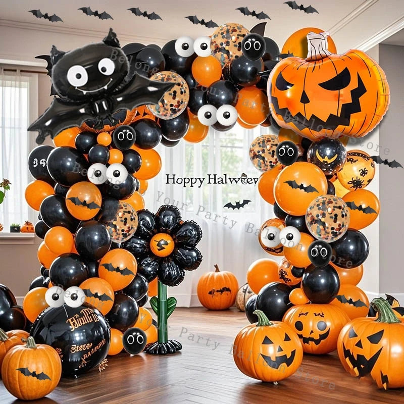 Kit de arco de guirnalda de Globos de calabaza para Halloween, Globo naranja y negro, pegatina de murciélago 3D, Globos de ojos, decoraciones para fiesta de cumpleaños y Halloween