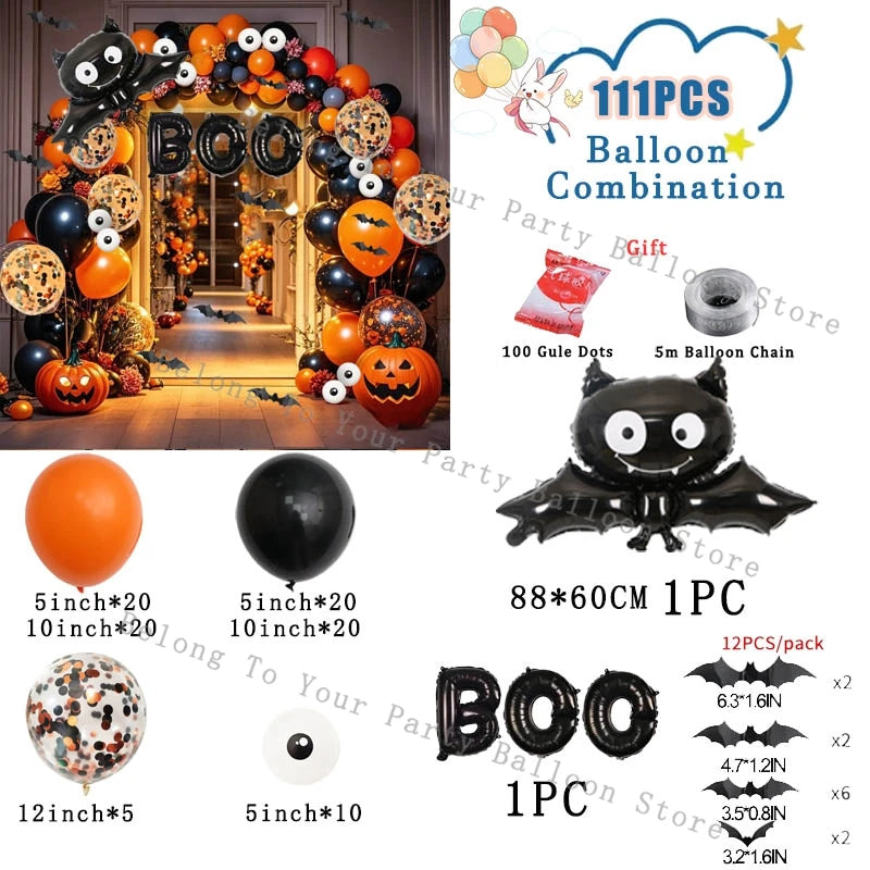 Kit de arco de guirnalda de Globos de calabaza para Halloween, Globo naranja y negro, pegatina de murciélago 3D, Globos de ojos, decoraciones para fiesta de cumpleaños y Halloween
