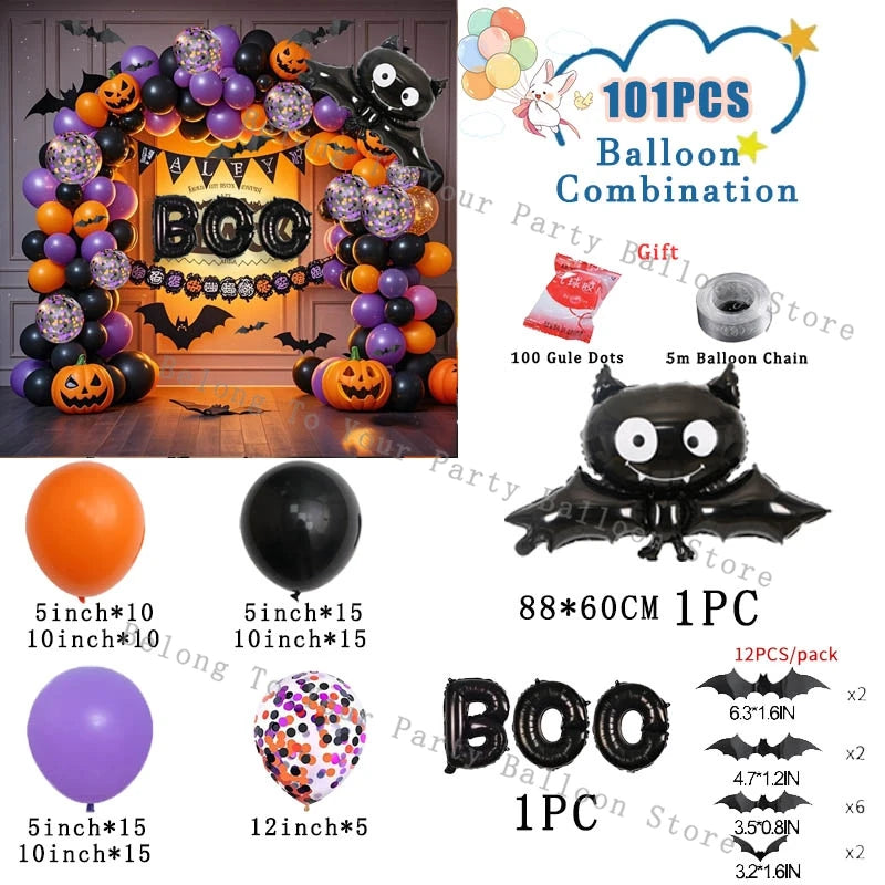 Kit de arco de guirnalda de Globos de calabaza para Halloween, Globo naranja y negro, pegatina de murciélago 3D, Globos de ojos, decoraciones para fiesta de cumpleaños y Halloween