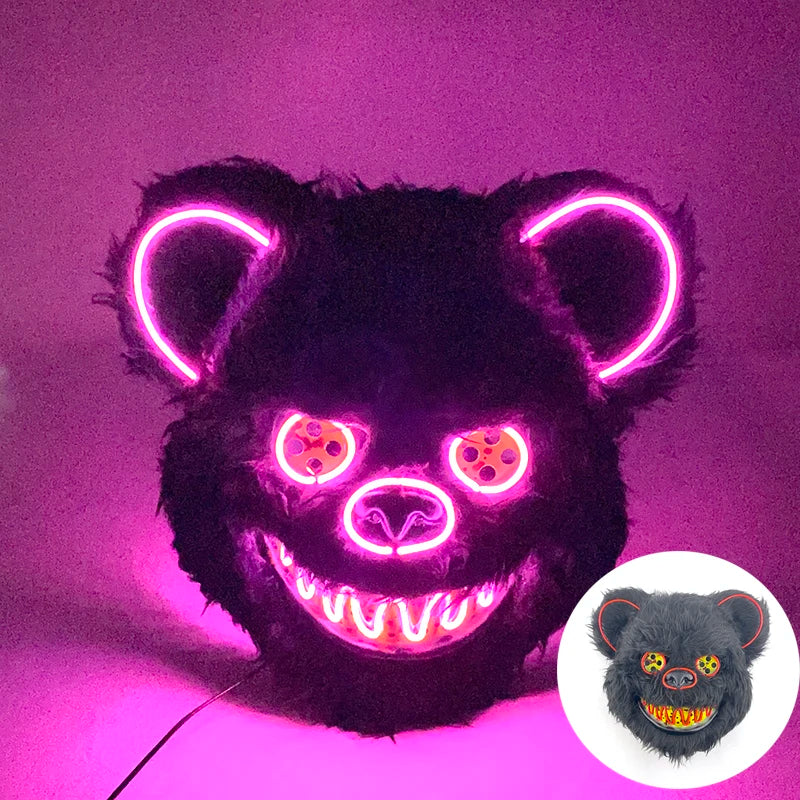 Máscara de conejo sangriento LED, mascarada de baile de terror, decoración de Cosplay, máscara de conejo asesino brillante, máscara de oso sangriento aterrador para hombres