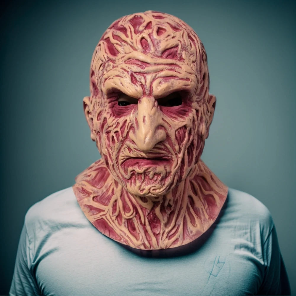 Máscara de látex de Freddy para Halloween, disfraz de Cosplay de carnaval, máscara de cara completa de Horror, demonio Rave, garras, accesorio de disfraz de hombre