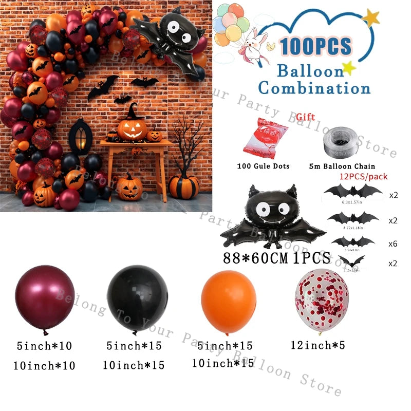 Kit de arco de guirnalda de Globos de calabaza para Halloween, Globo naranja y negro, pegatina de murciélago 3D, Globos de ojos, decoraciones para fiesta de cumpleaños y Halloween