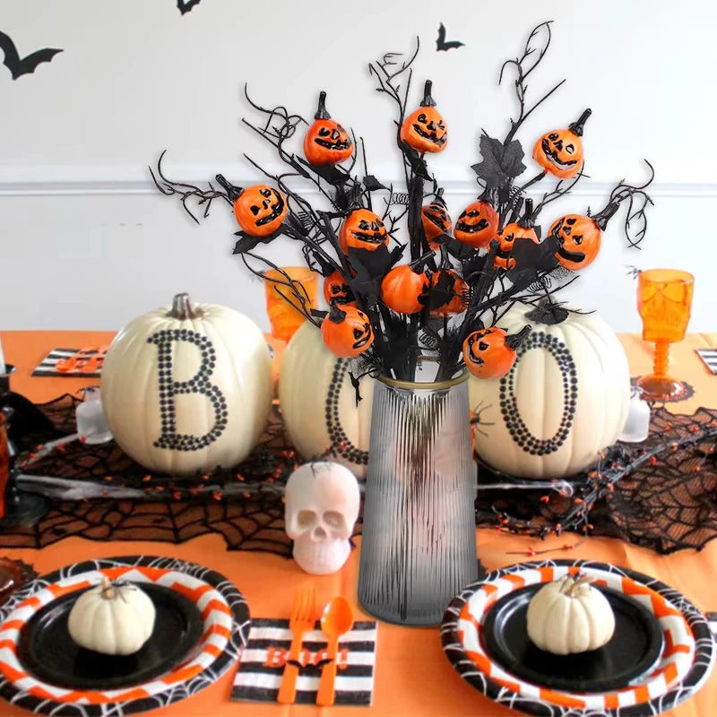 Calabaza de Halloween, decoración de rama de hoja de arce negra, ramo de calabaza, jarrón, decoración artesanal, adorno de Casa Encantada, accesorios para fiesta de Halloween