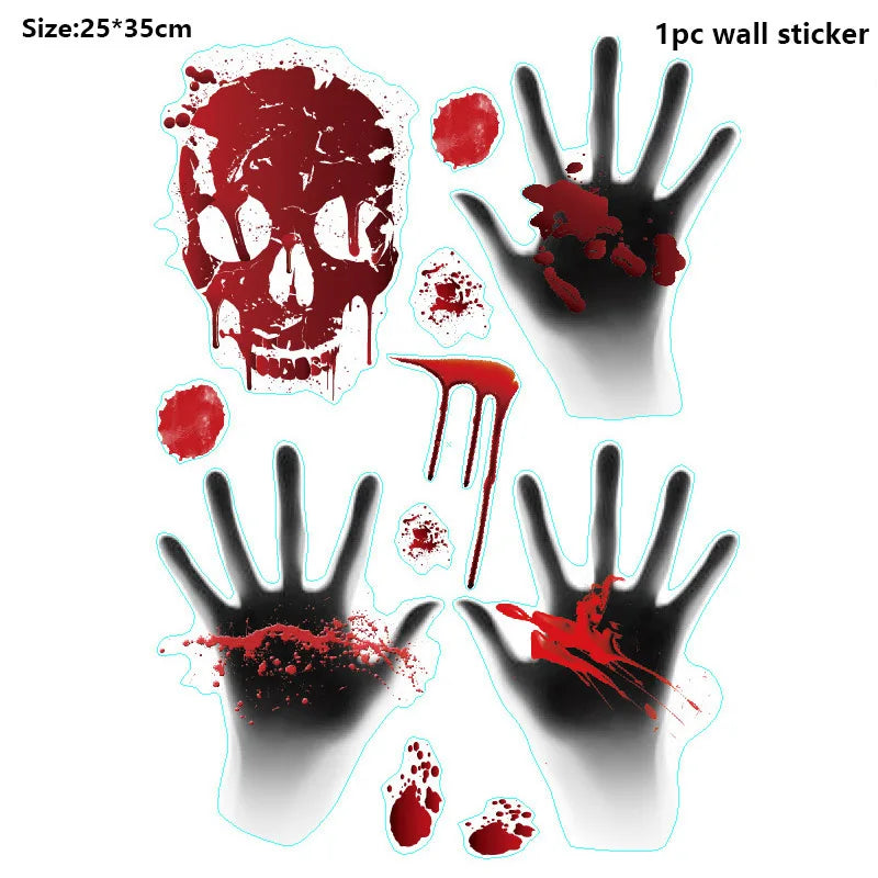 Pegatinas de pared de Halloween para puertas y ventanas, estampado de huellas de sangre, patrón de Calavera, suministros de decoración de escenas de fiesta de Halloween, accesorios de terror