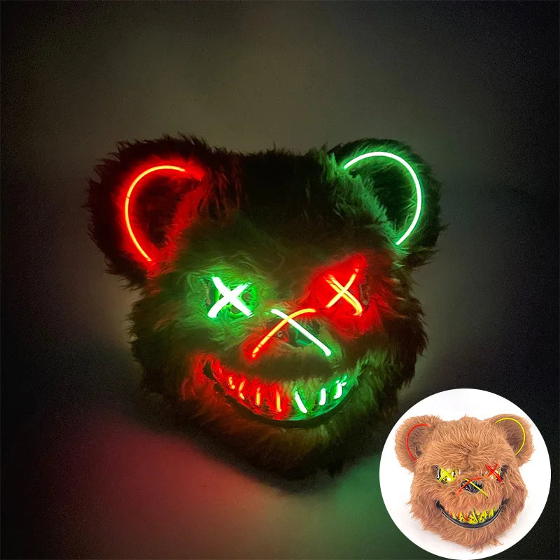 Máscara de conejo sangriento LED, mascarada de baile de terror, decoración de Cosplay, máscara de conejo asesino brillante, máscara de oso sangriento aterrador para hombres