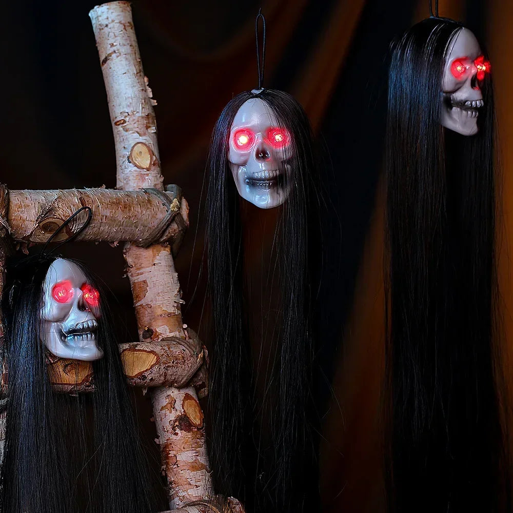 Colgante de esqueleto de fantasma de pelo largo para Halloween, barra de terror emisora de luz LED, decoración de Casa Encantada, suministros para fiestas, 1 ud.