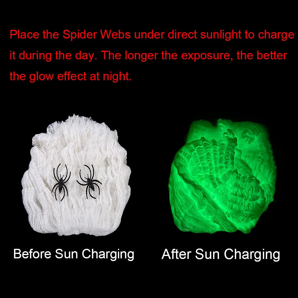 Telas de araña fluorescentes de Halloween, telarañas que brillan en la oscuridad, telaraña de Halloween, decoraciones de terror al aire libre