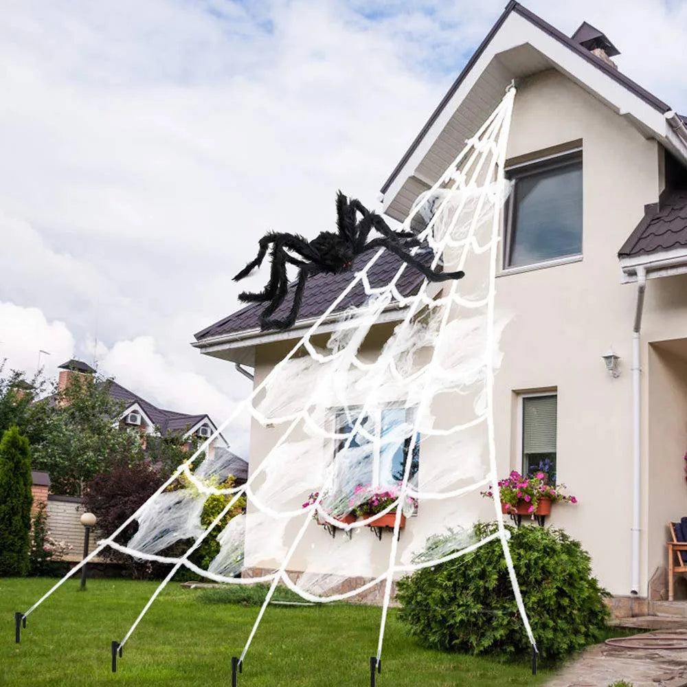 Telaraña triangular de Halloween, telaraña de simulación de felpa grande de 5m, accesorios de decoración de patio al aire libre para el hogar embrujado